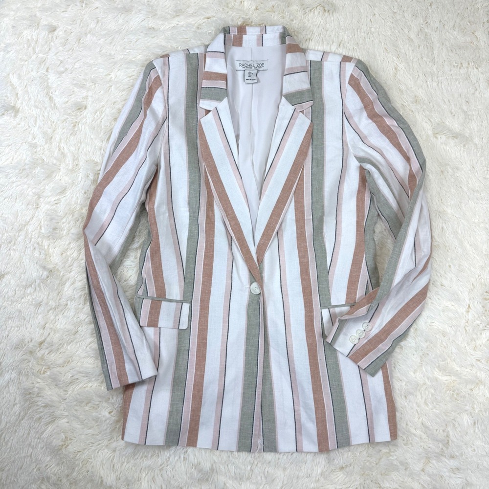 Rachel Zoe Blazer Womens Large White Striped Linen Blend Single Button Jacket